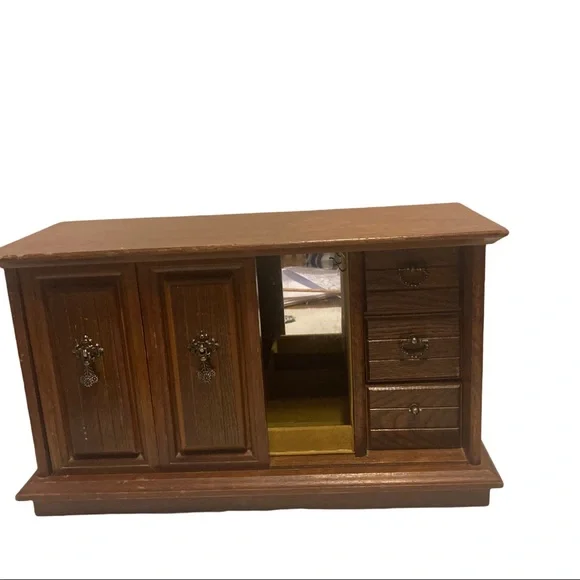 Large Vintage Wooden Double Sliding Doors Jewelry Box!